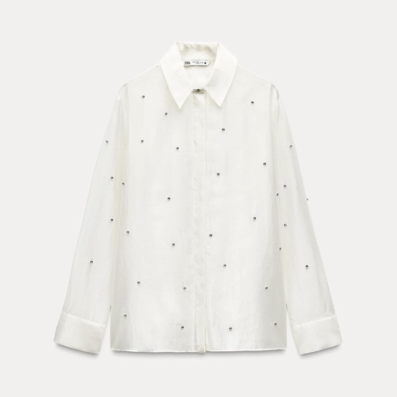 NWT!! Zara Oyster White Ecru Semi Sheer Shirt Blouse With Jewels Size L - Picture 14 of 14